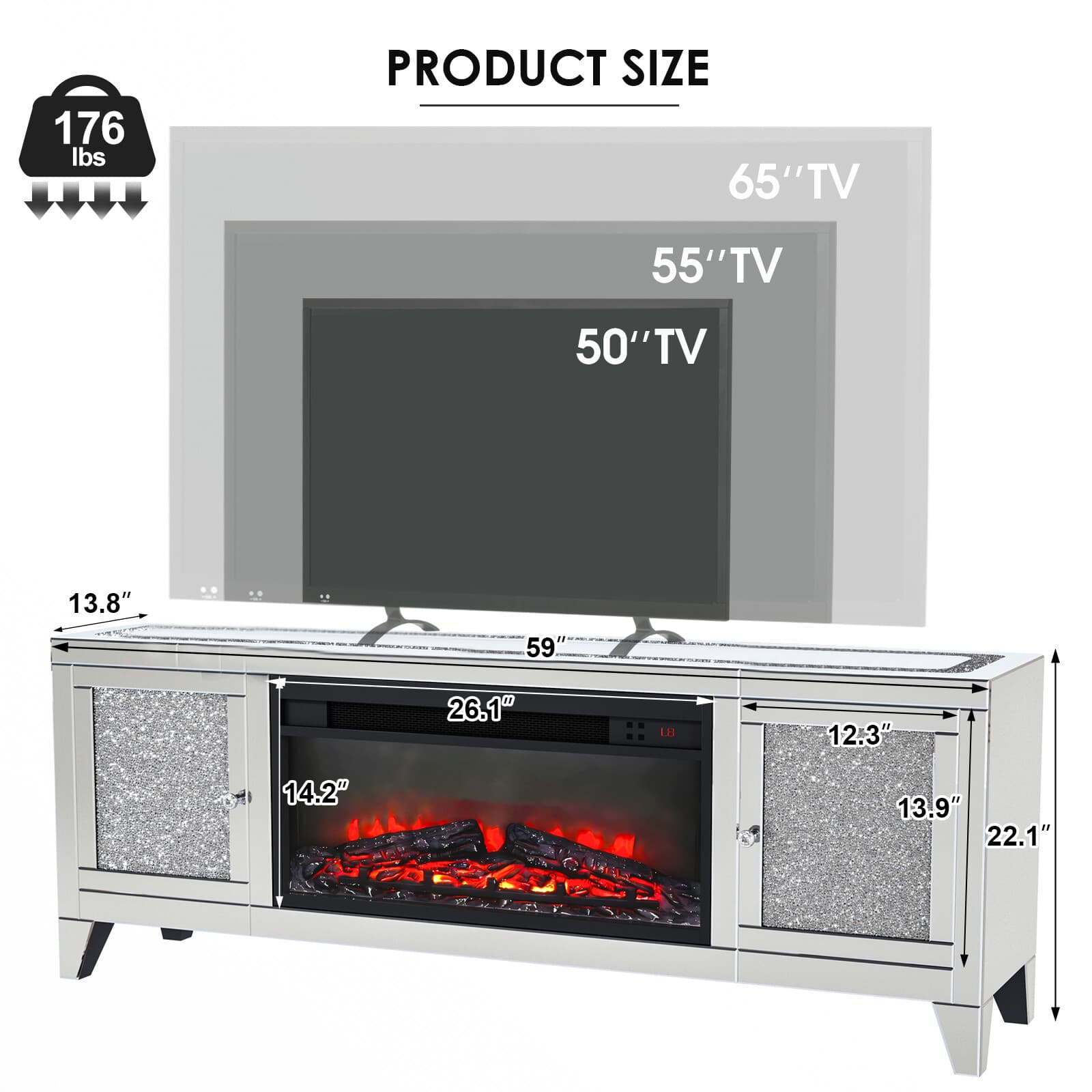 COSVALVE 59"Mirrored Fireplace TV Stand Entertainment Center Crush Diamond 2Door 6