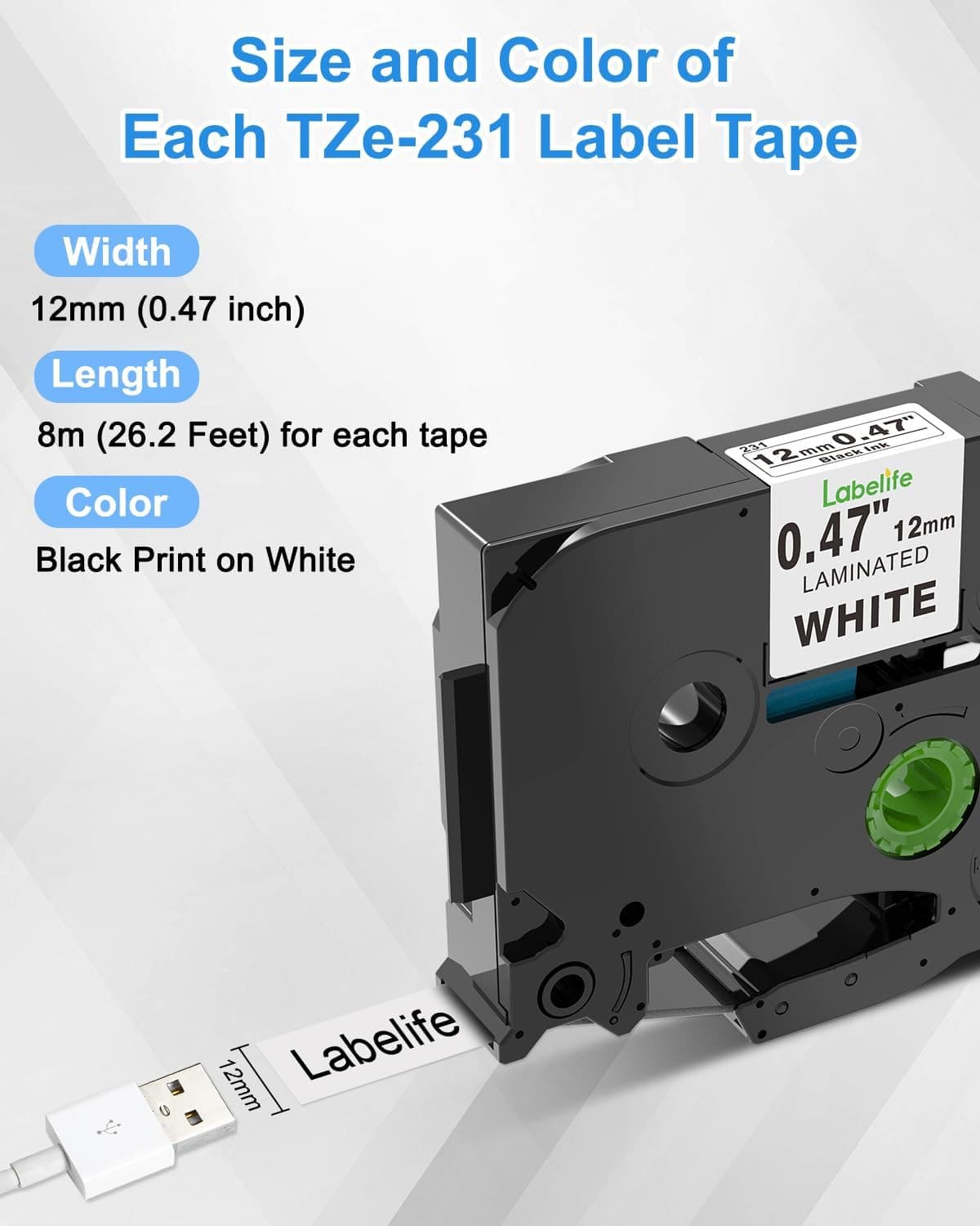 10PK For Brother P-Touch TZe-231 TZ-231 12mm White Standard Laminated Label Tape 3