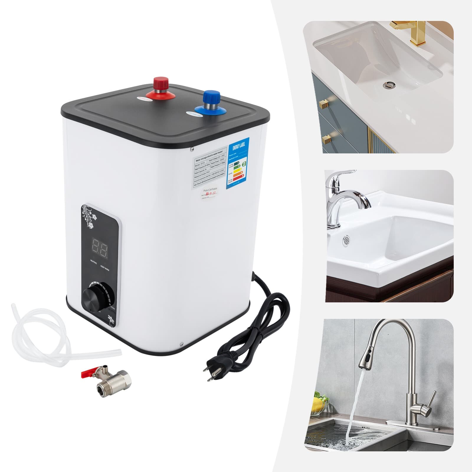 8L Electric Mini Tank Water Heater Rectangle Instant Hot Water Heater 1500W 3