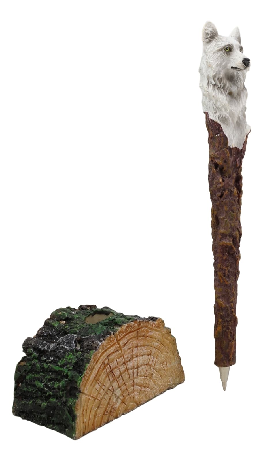 Alpha White Wolf Hand Painted Pen With Rustic Tree Bark Holder Stand Figurine