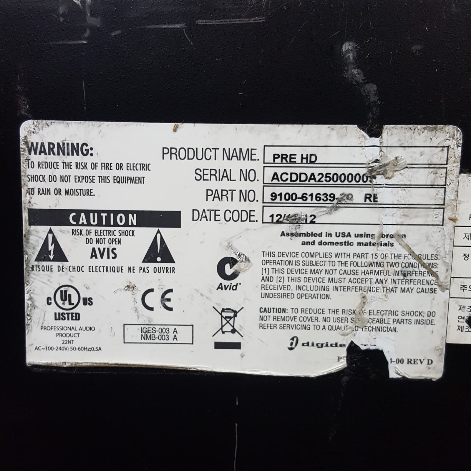 AVID PRE HD 9100-61639-20 PRE Interface  w/Power Cord - USED 3