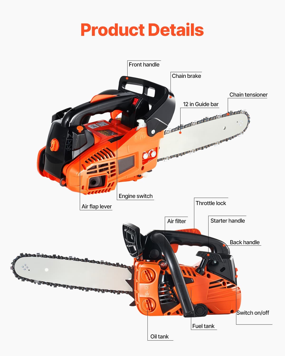 25.4CC 12" Gasoline Chainsaw Powered Wood Cutting Engine Gas Chain Saw 3