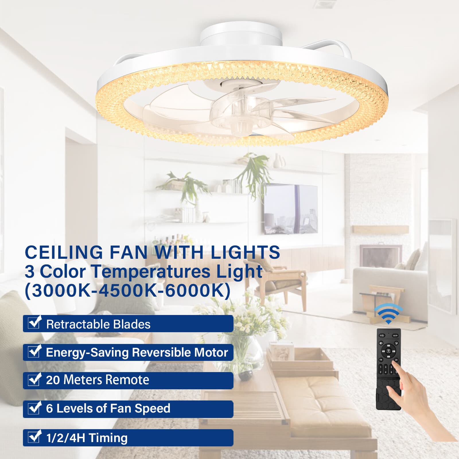 16.5" Modern Flush Mount LED Ceiling Fan With Lights Remote & APP Control kit 2