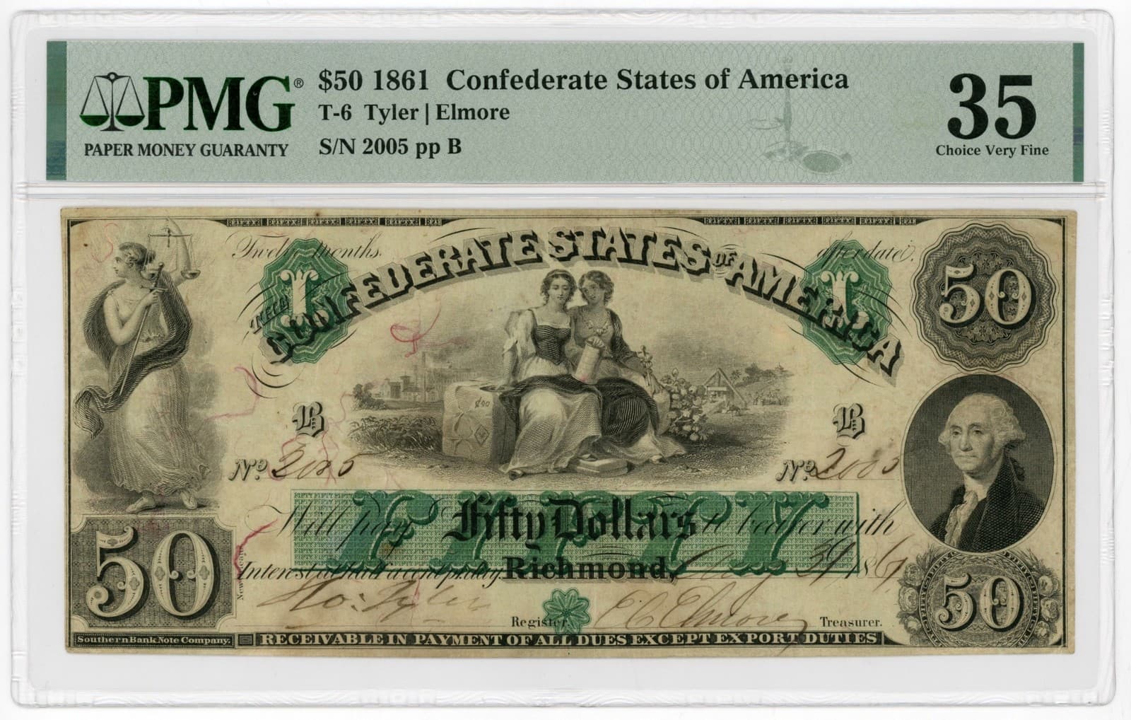 1861 T-6 $50 The Confederate States of America Note - CIVIL WAR Era PMG VF 35