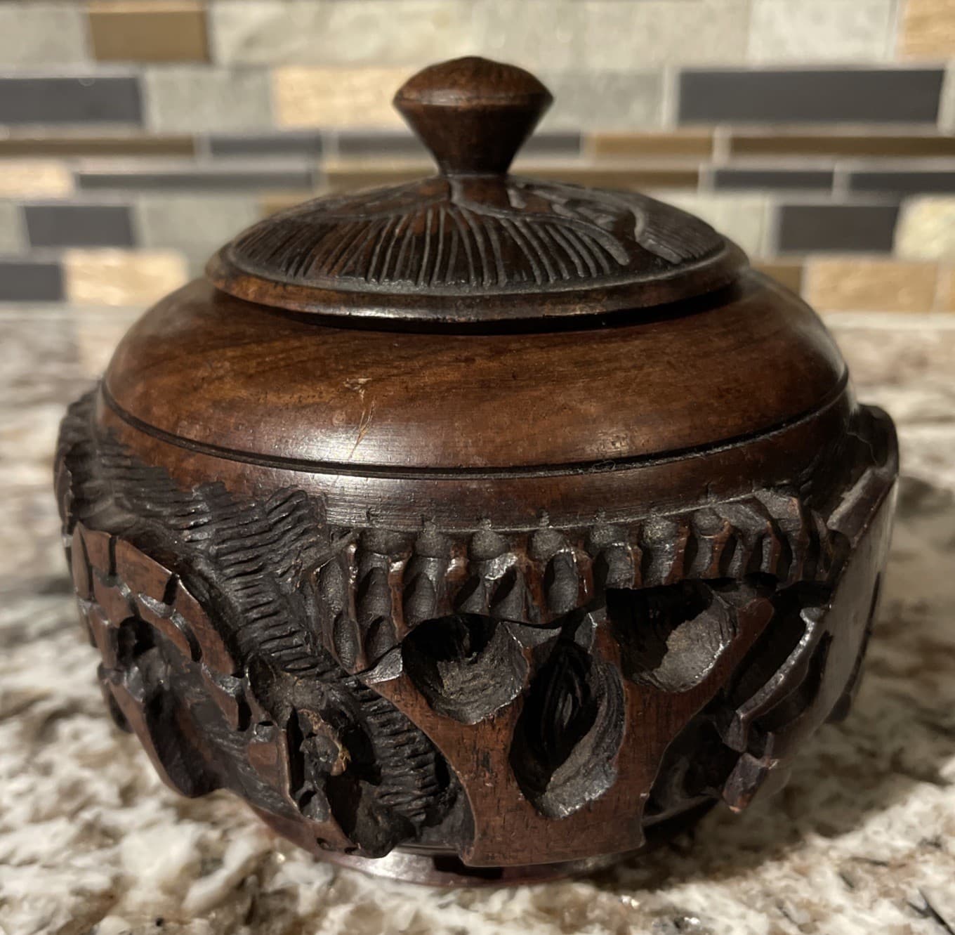 African Carved Brown Wooden Bowl Rhinoceros Elephant Tree Design With Lid! MZZ8 3