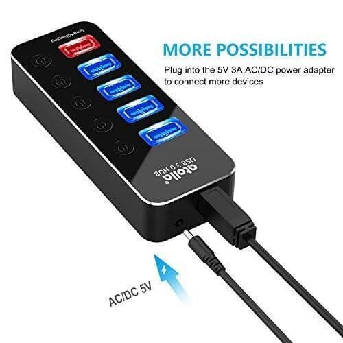 Powered USB Hub, atolla Aluminum 5-Port USB 3.0 Hub with 4 USB 3.0 Data Ports 4