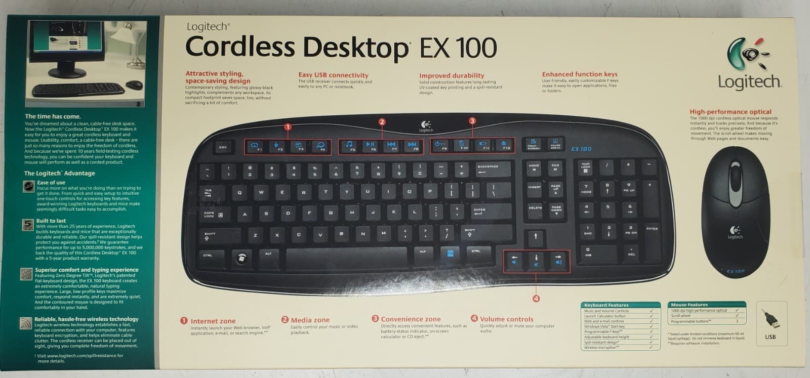 Logitech EX100 Cordless Keyboard and Optical Mouse with Receiver No Batteries 2