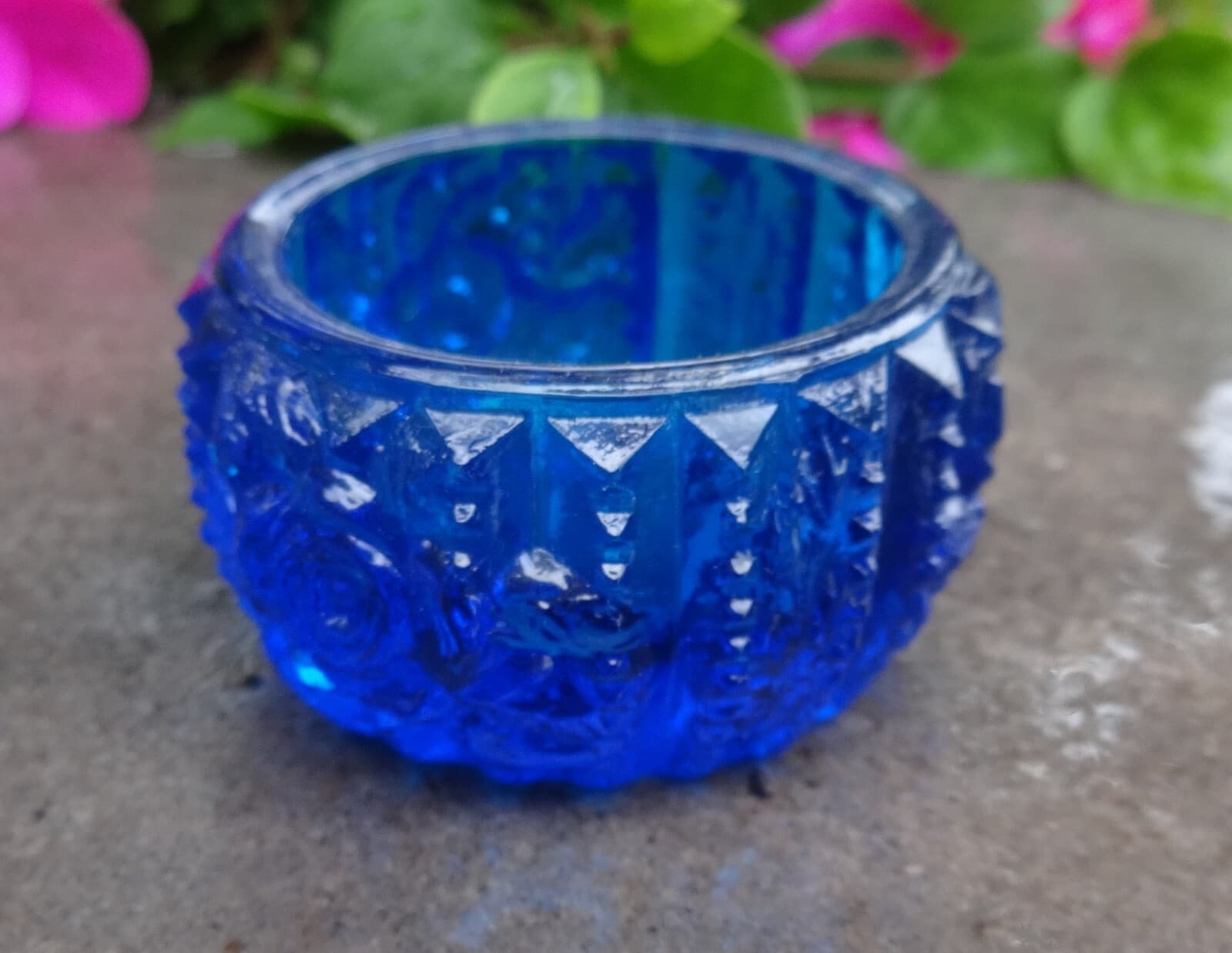 Dark, Aqua Blue Glass Open Salt Dip, Cellar, Dish w/Roses, Ridges!