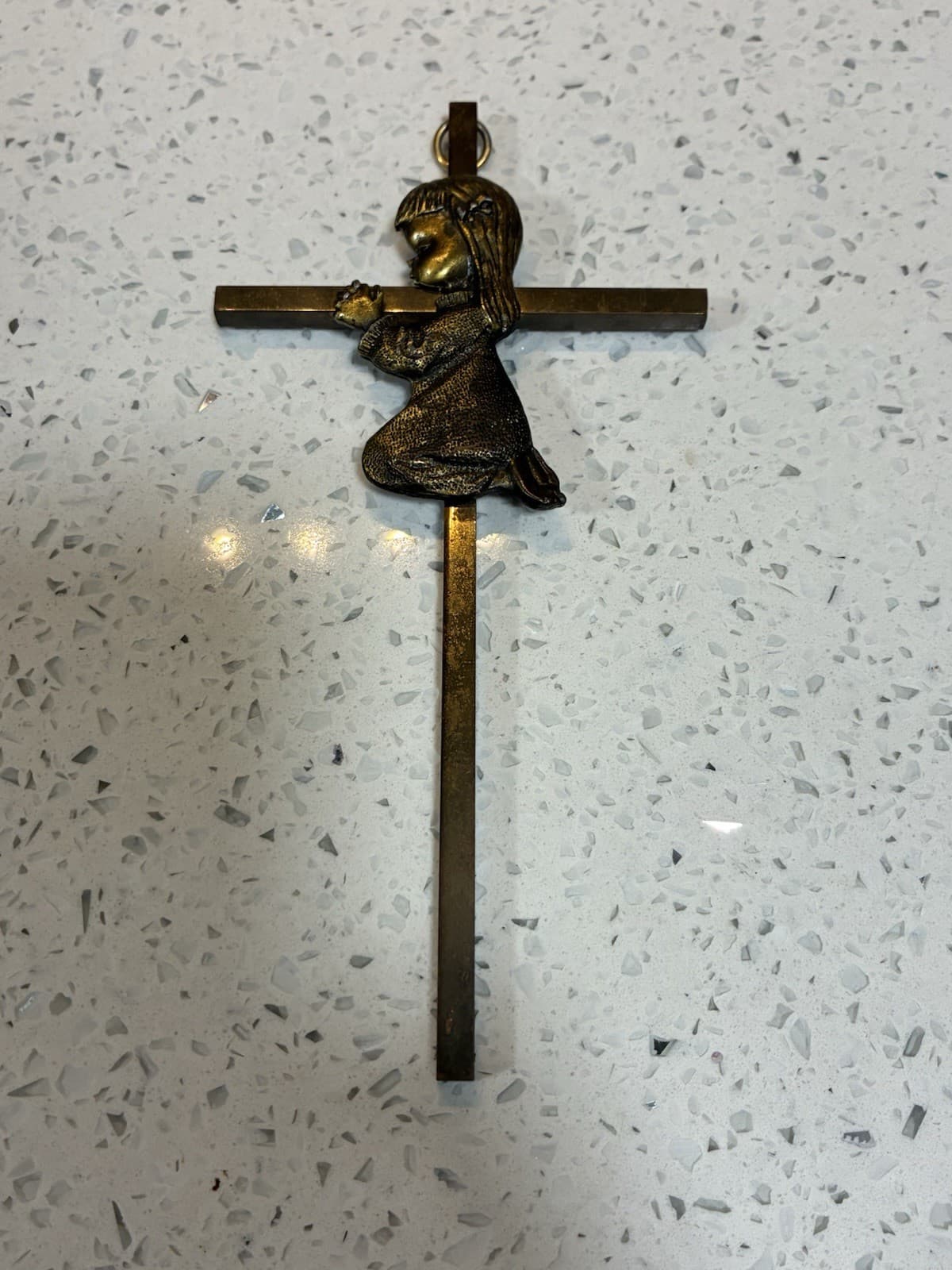 VINTAGE BRASS CROSS 6" GIRL CATHOLIC PRAYING -PREOWNED WE SHIP FAST