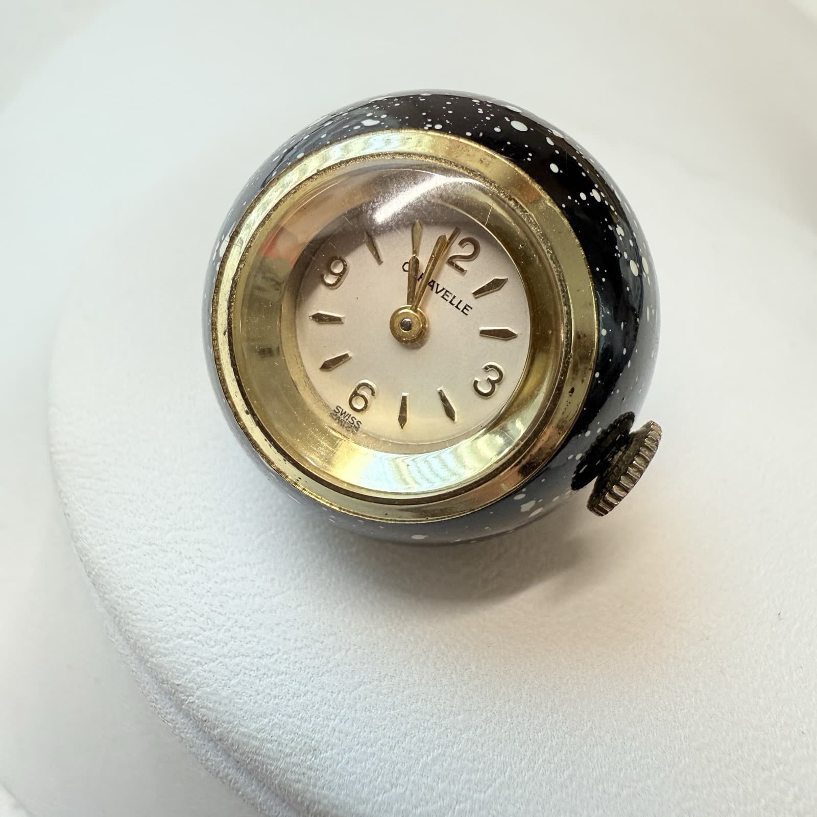 Vintage Caravelle Swiss Watch Black White Enamel Ball Orb Pendant WORKS RUNS