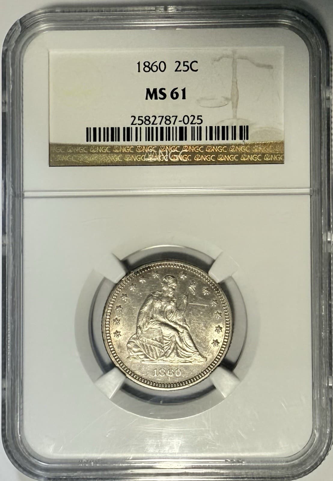 1860 Seated Liberty Quarter NGC MS61‼️CARTWHEEL LUSTER & STRONG STRIKE‼️