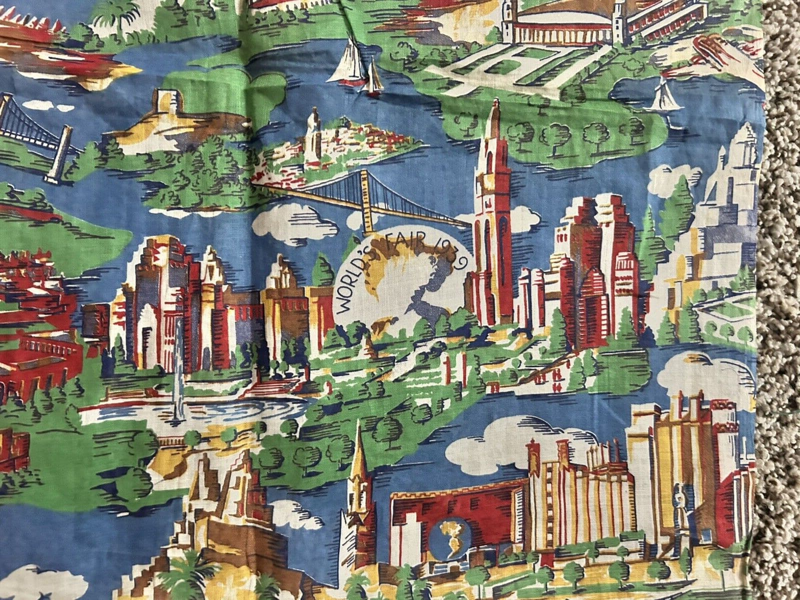 Rare 1939 Worlds Fair Cotton Fabric Yardage Aria view Of  Fairgrounds 39"Wx 35"L