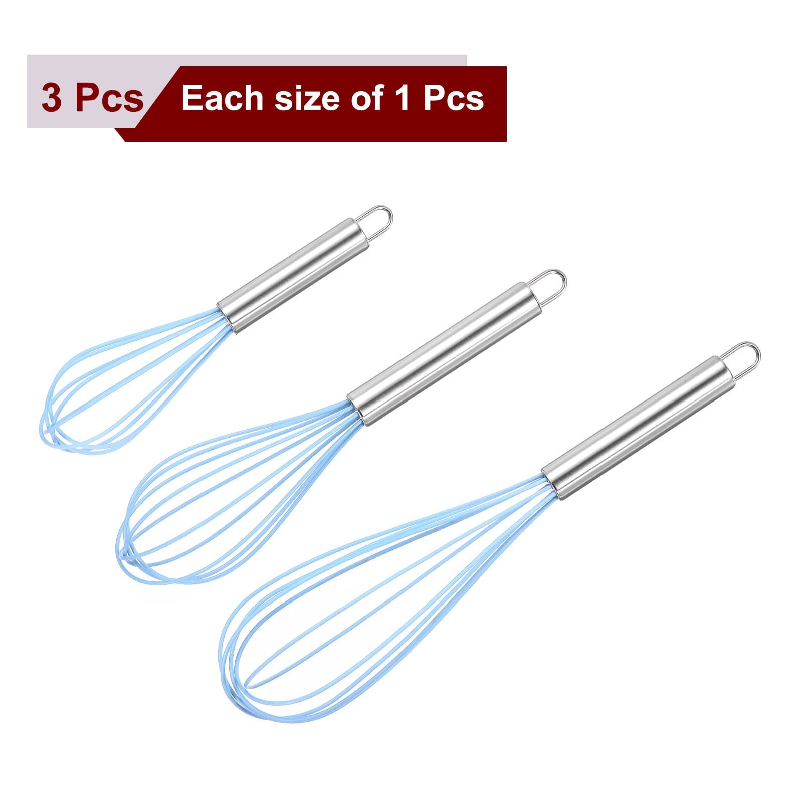 3Pcs Silicone Whisk 8" 10" 12" Kitchen Whisk Wire Whisks Beater Blue 3
