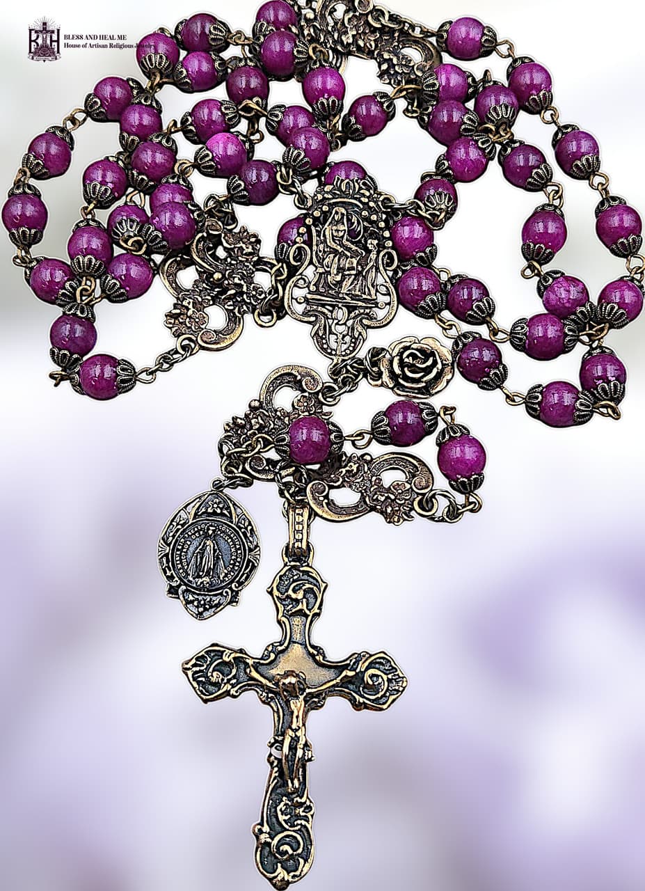 St Anne & Miraculous Mary Heirloom Rosary | Heritage Bronze| Magenta Jade 3