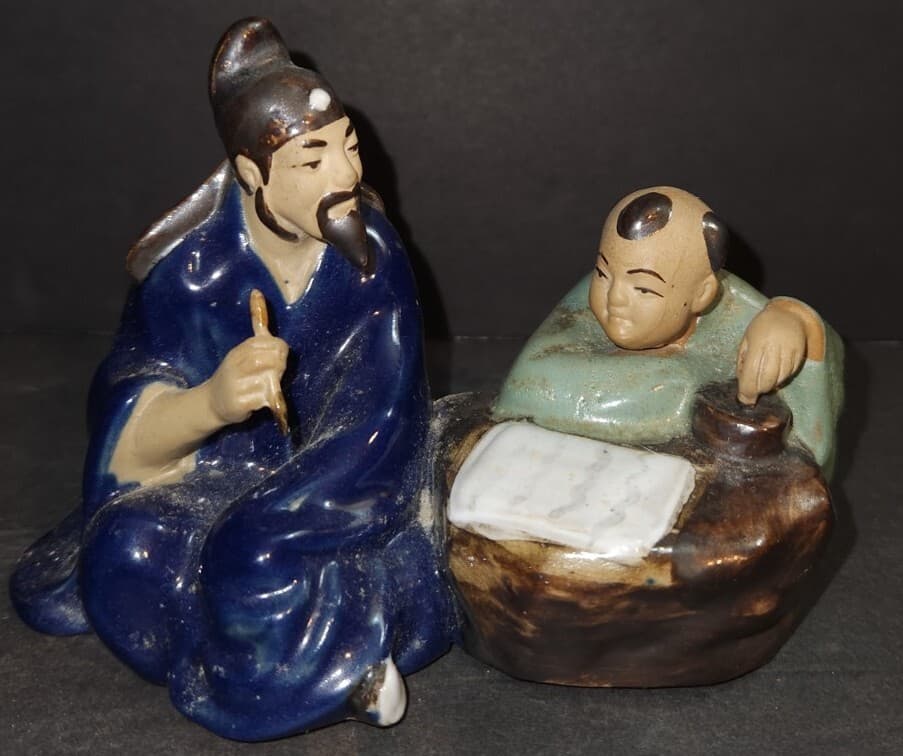 Shiwan Mudman Chinese Figurine Teaching With Boy 4" Statue Table Shelf Decor 5