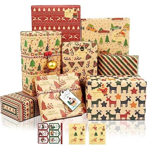 Christmas Wrapping Paper Sheets, 8 Sheets Recycled Xmas Wrapping Red and Brown
