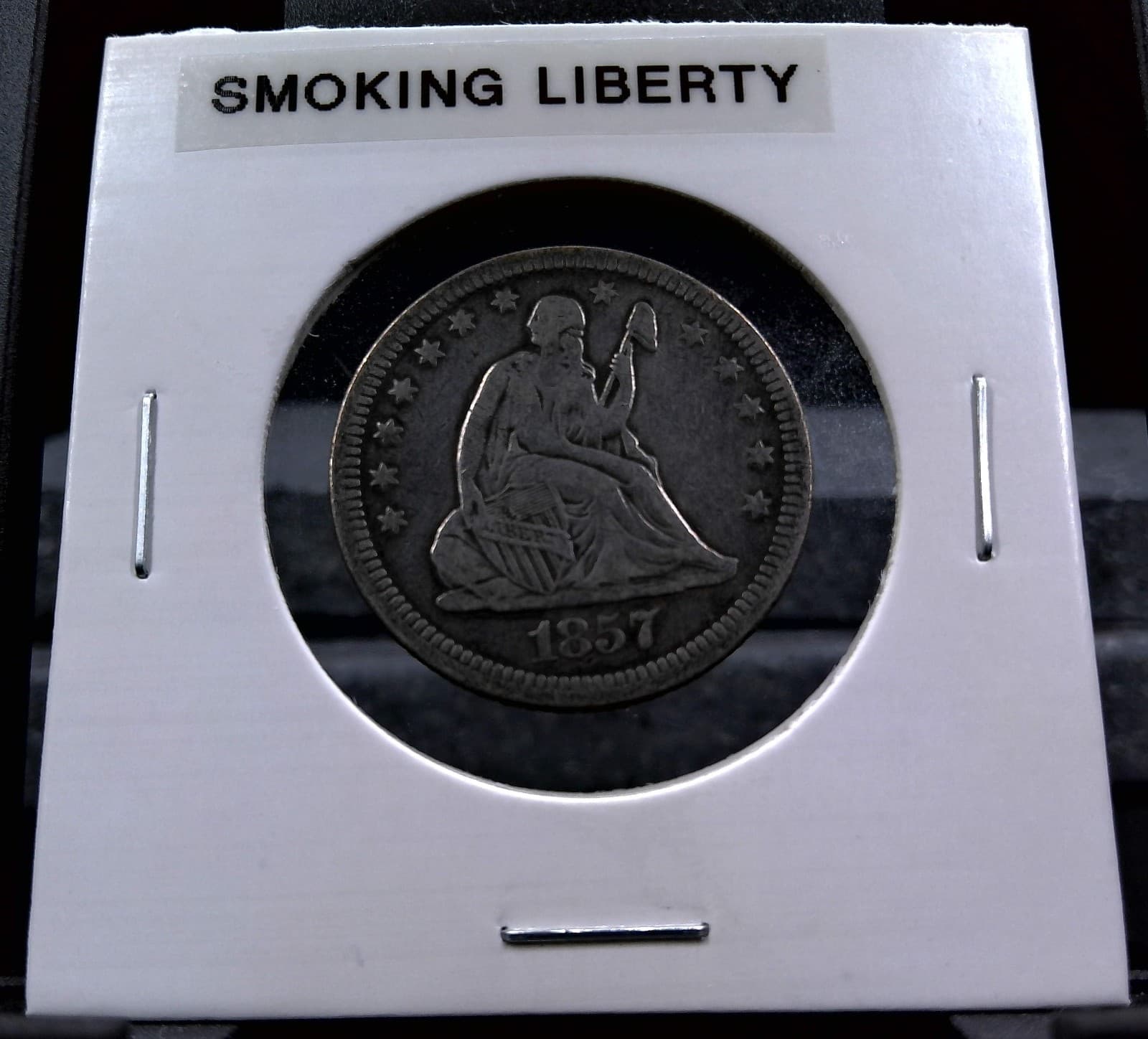 1857 Seated Liberty Quarter 25 - Smoking Liberty FS-401 Die Gouge - Old Cleaning 4