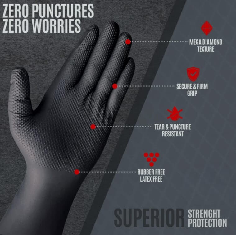 Heavy Duty 8 Mil Black Nitrile Disposable Gloves Raised Diamond Texture 3
