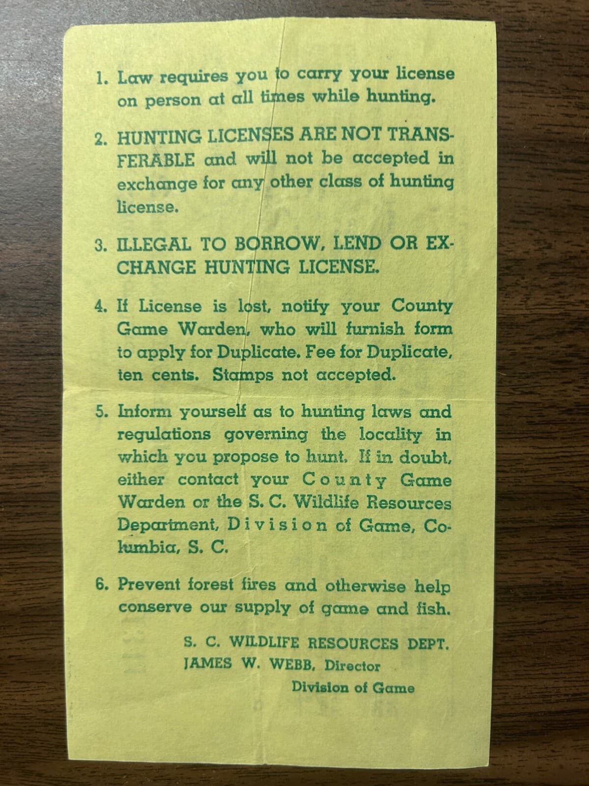 1959 - 1960 South Carolina State Hunting License Original Greenville SC 2