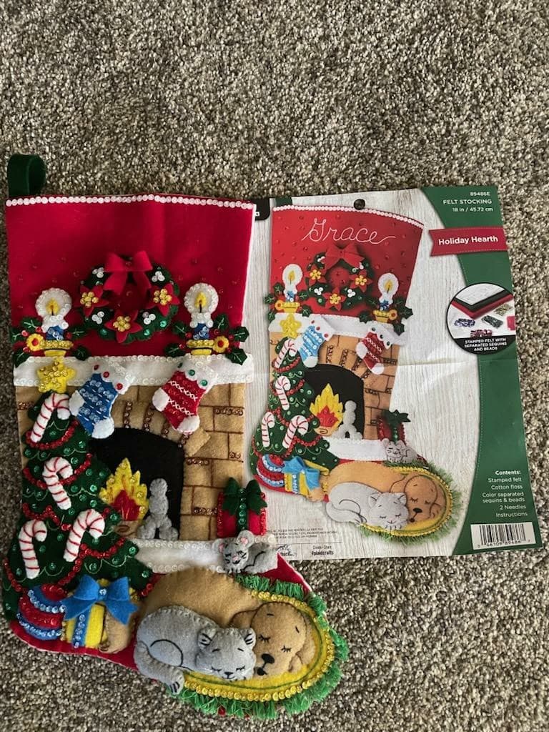 Bucilla Felt Christmas Stocking 'Holiday Hearth' Finished, Free Personalization