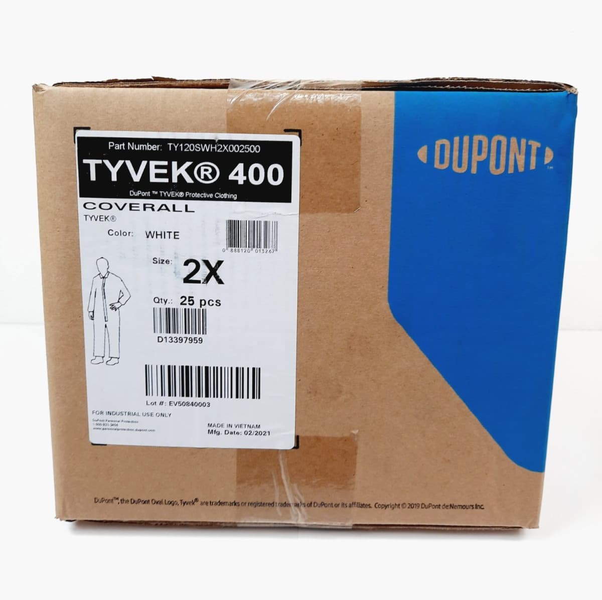 New Dupont Tyvek 400 Plain White Zip-Up Coveralls 2X, Case of 25 Pieces TY120S