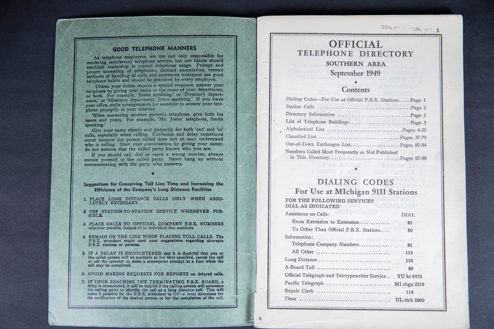 1949 Official Directory Southern Area California Pacific Telephone Company 2