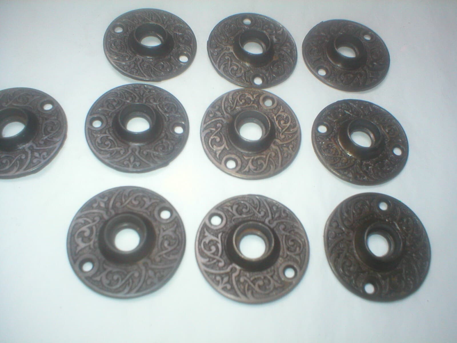 Antique Victorian Decorative Cast Iron Doorknob Ring Plate Pair 5