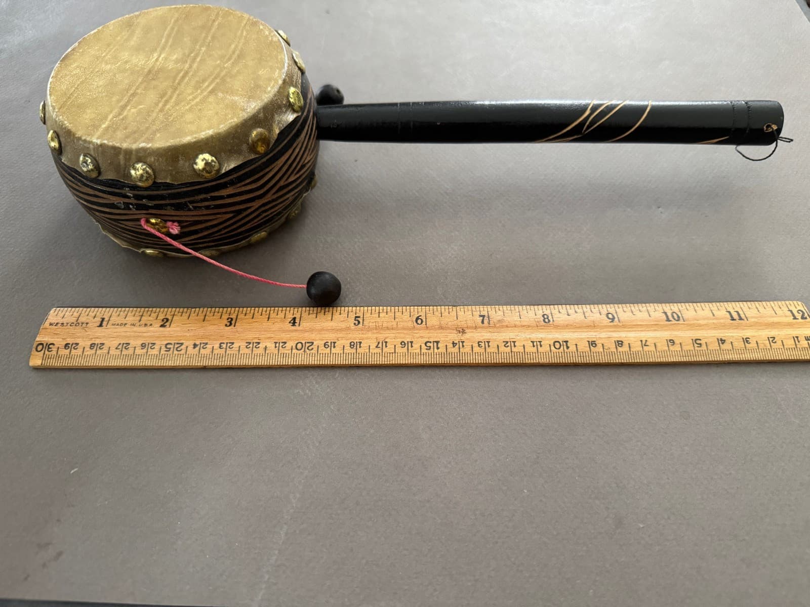 JAPANESE DEN DEN DAIKO SPINNING PERCUSSION PELLET DRUM HAND CARVED WOOD VTG 2