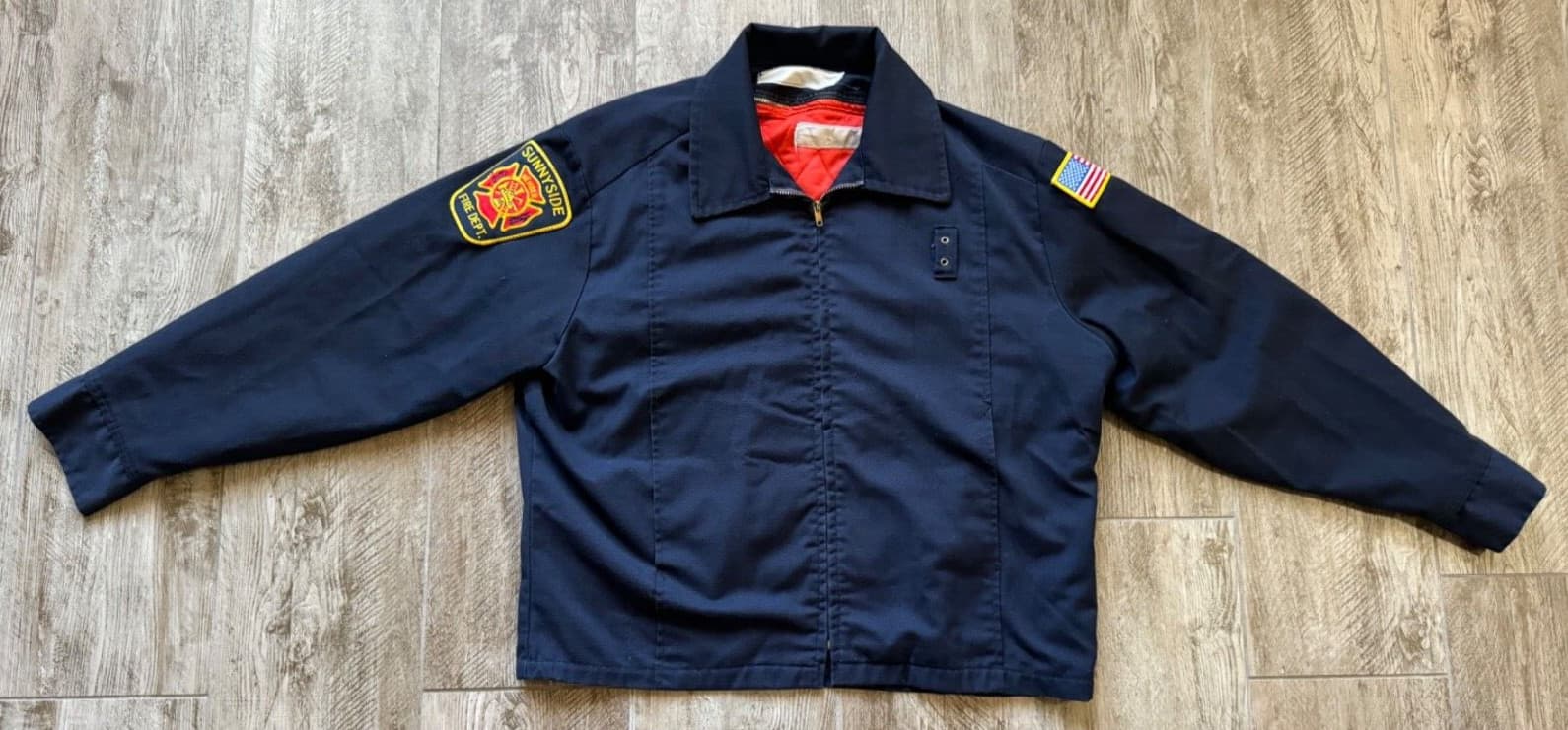 VINTAGE SUNNYSIDE FIRE DEPT WORK BLUE JACKET WITH TALON ZIPPER-MEN'S 46