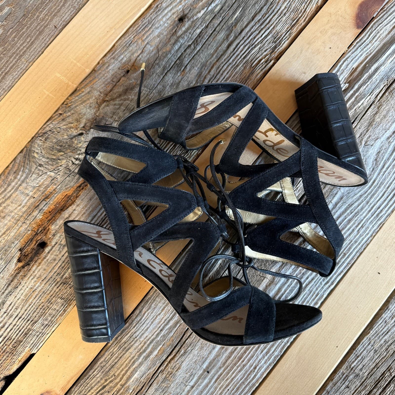 Sam Edelman Yardley black suede strappy heeled sandals - lace up - size 9.5 6