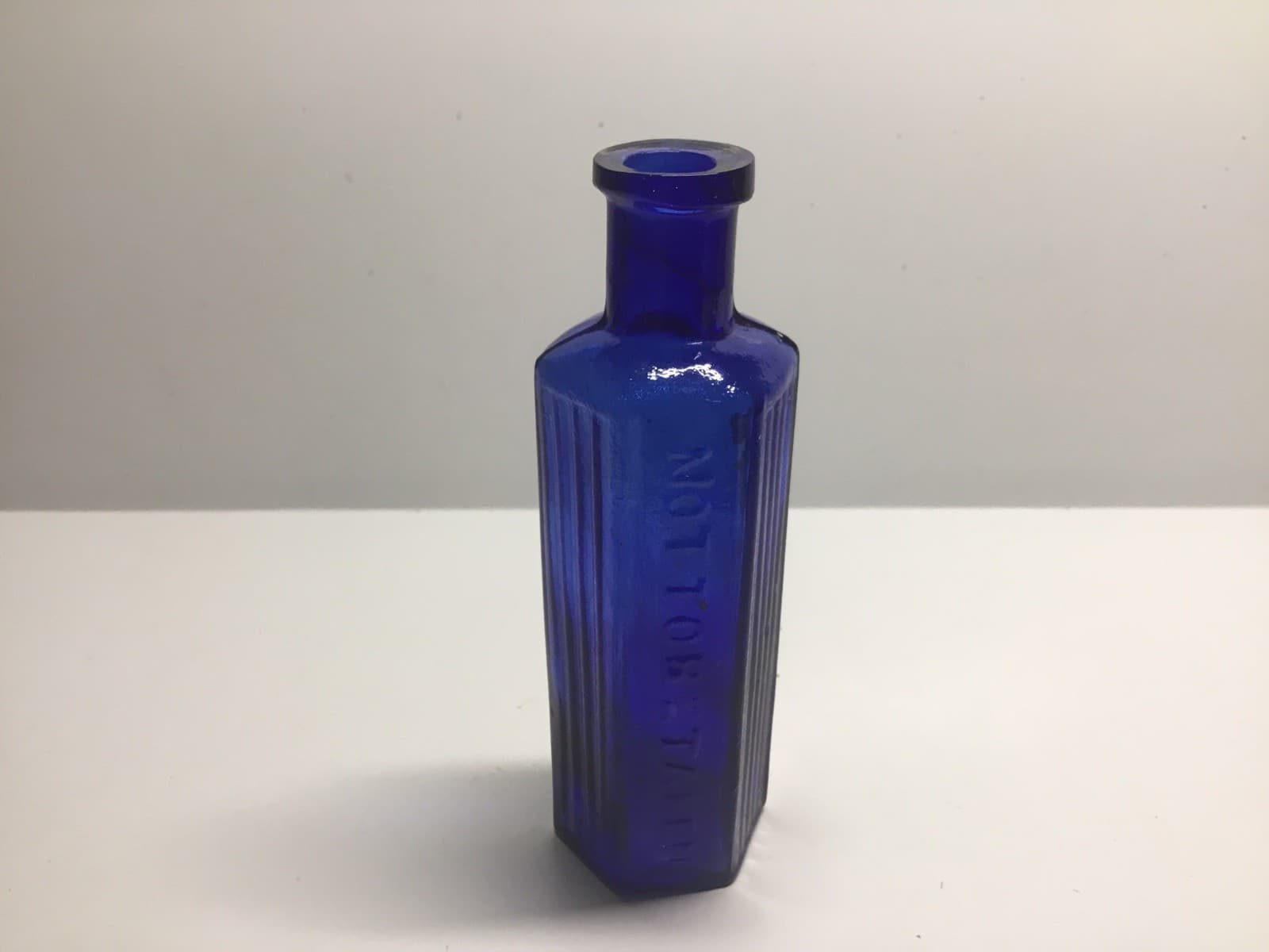 Antique 6 Sided Cobalt Blue Not To Be Taken Poison Bottle With Amber Swirls. 6