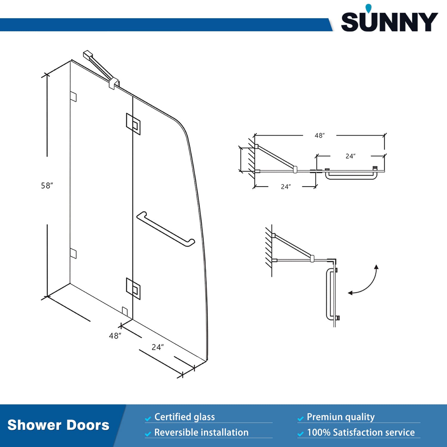 SUNNY SHOWER Bathtub Door Frameless Hinged Tub Door 48" W x 58" H Shower Door 5