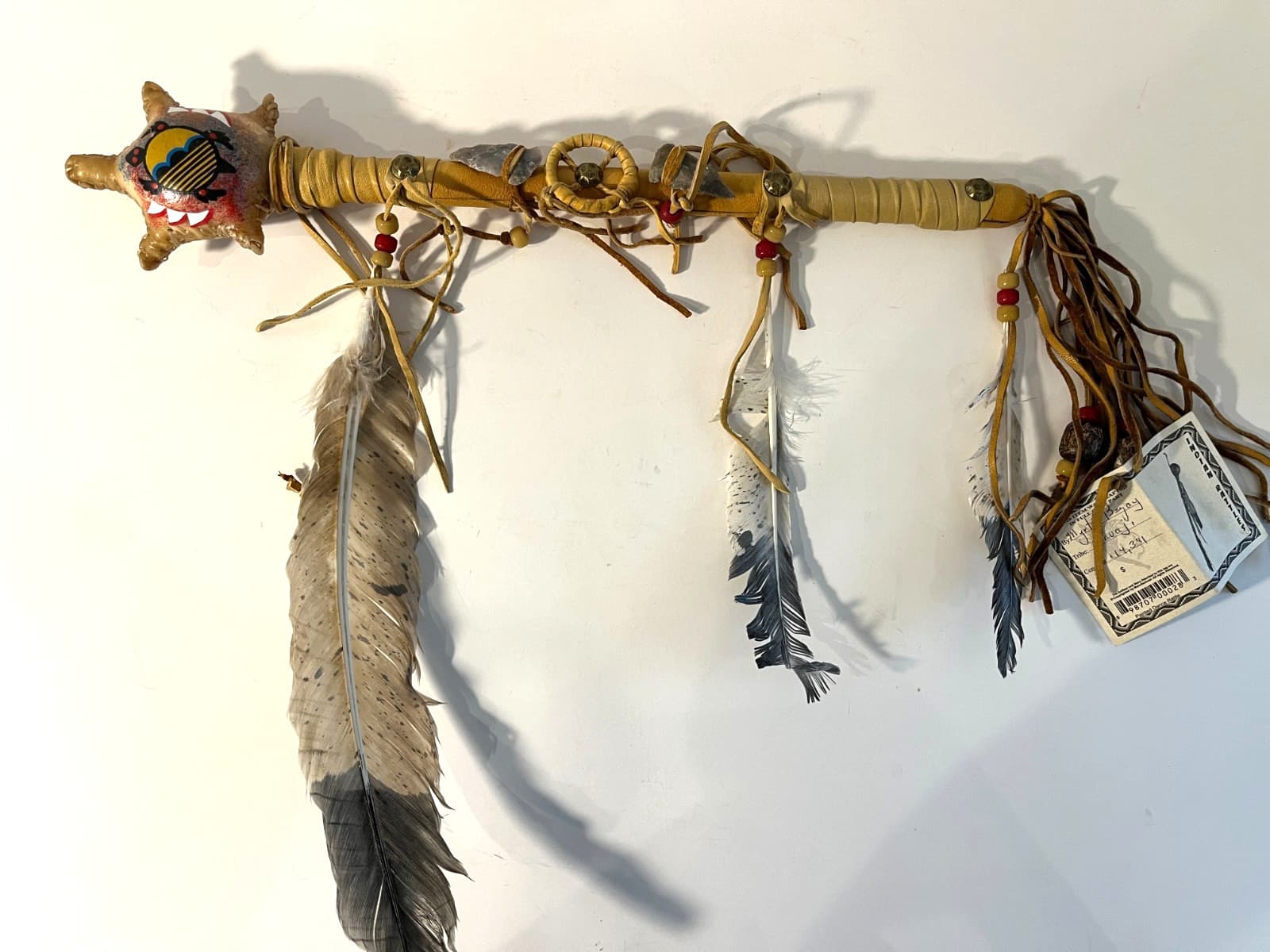 Native American Rawhide Ceremonial Turtle Rattle 15" Feathers Arrowheads Beads