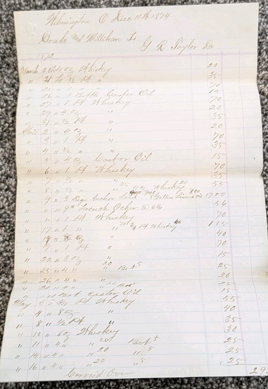 1874 Wilmington Ohio Ledger Pages – Drake & Millikan Merchant Whiskey Sales