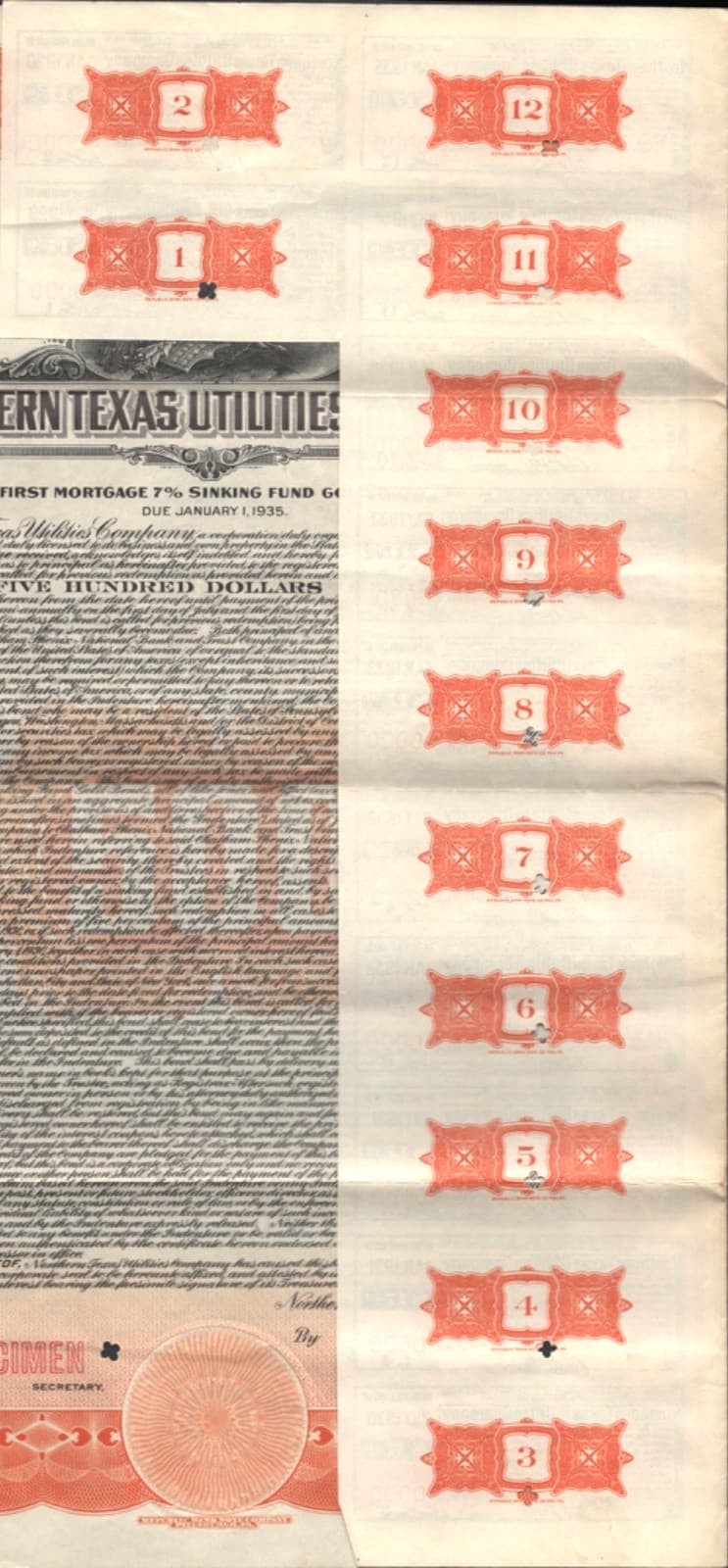 1926 NORTHERN TEXAS UTILITIES CO. old stock certificate SINKING FUND GOLD BOND 4