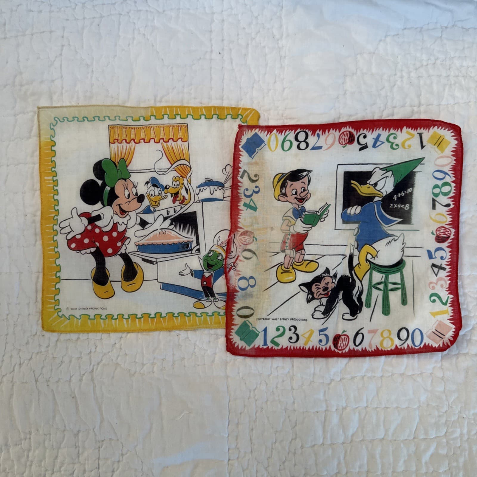 2 Vintage Child's Cotton Handkerchiefs Hankies Walt Disney Minnie Mouse Friends