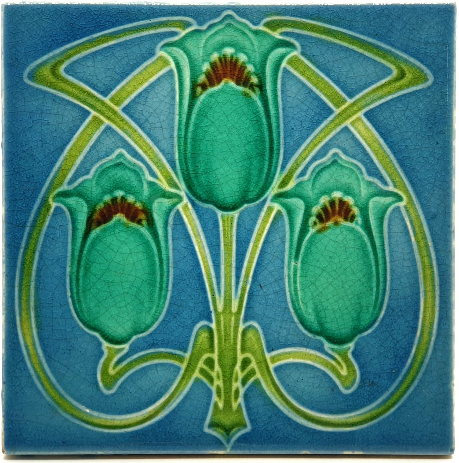 Art Nouveau Fireplace Tile Blue Triple Tulip Floral Majolica Corn Bros C1905 A10
