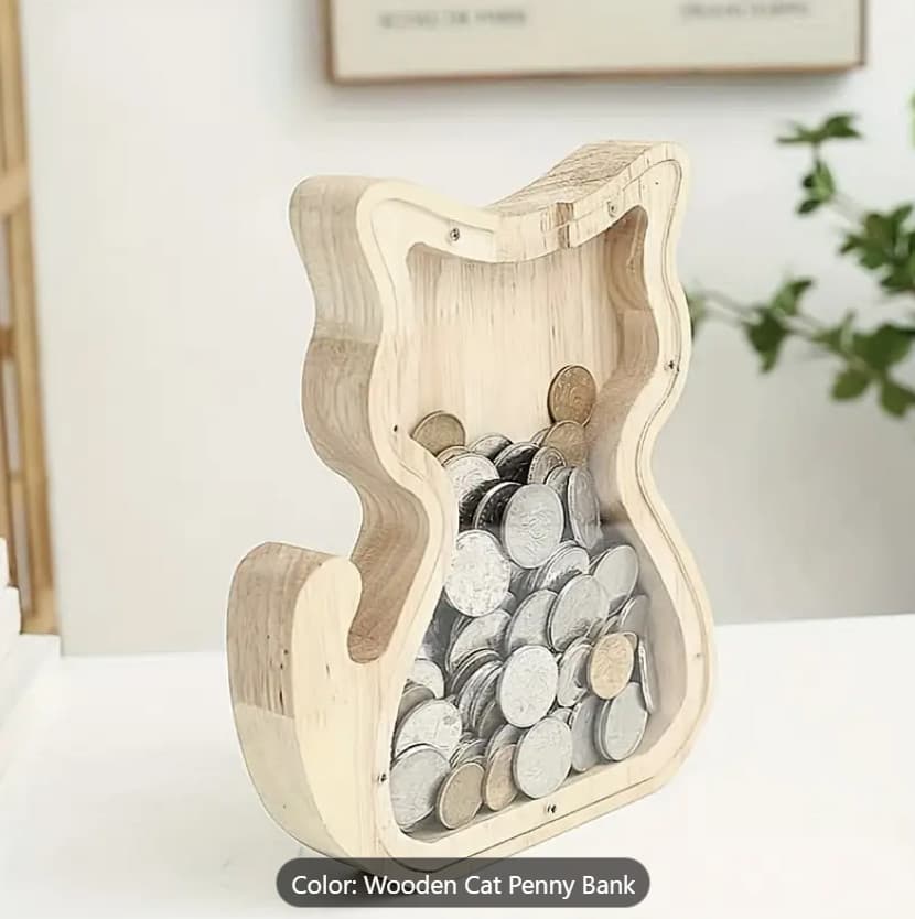 Wooden Cat-Animal Shaped Penny Bank with Clear Glass Lid Home Decor Gift 5