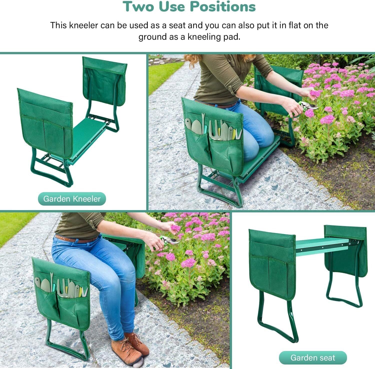 Garden Kneeler and Seat Foldable with 2 Tool Pouch for Gardening Fishing Green 6
