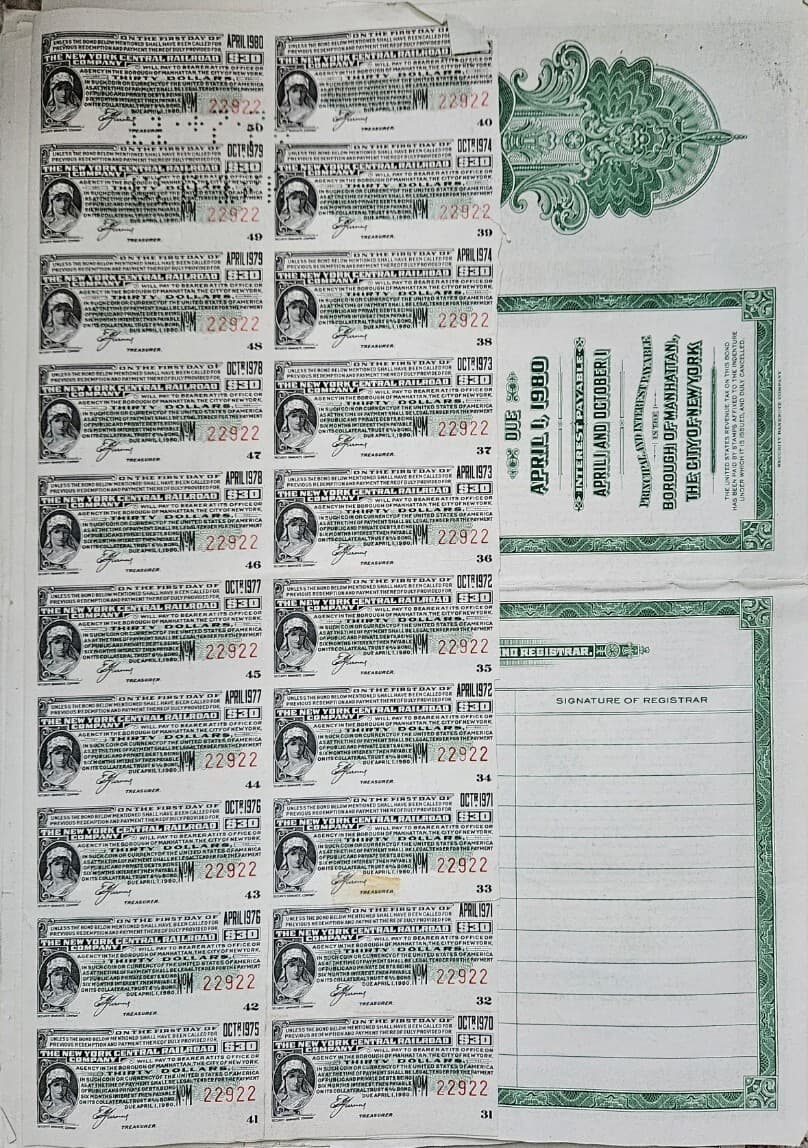 Vintage 1955 New York Central Railroad Co. 6% $1000 Bond Certificate, Green, NYC 4