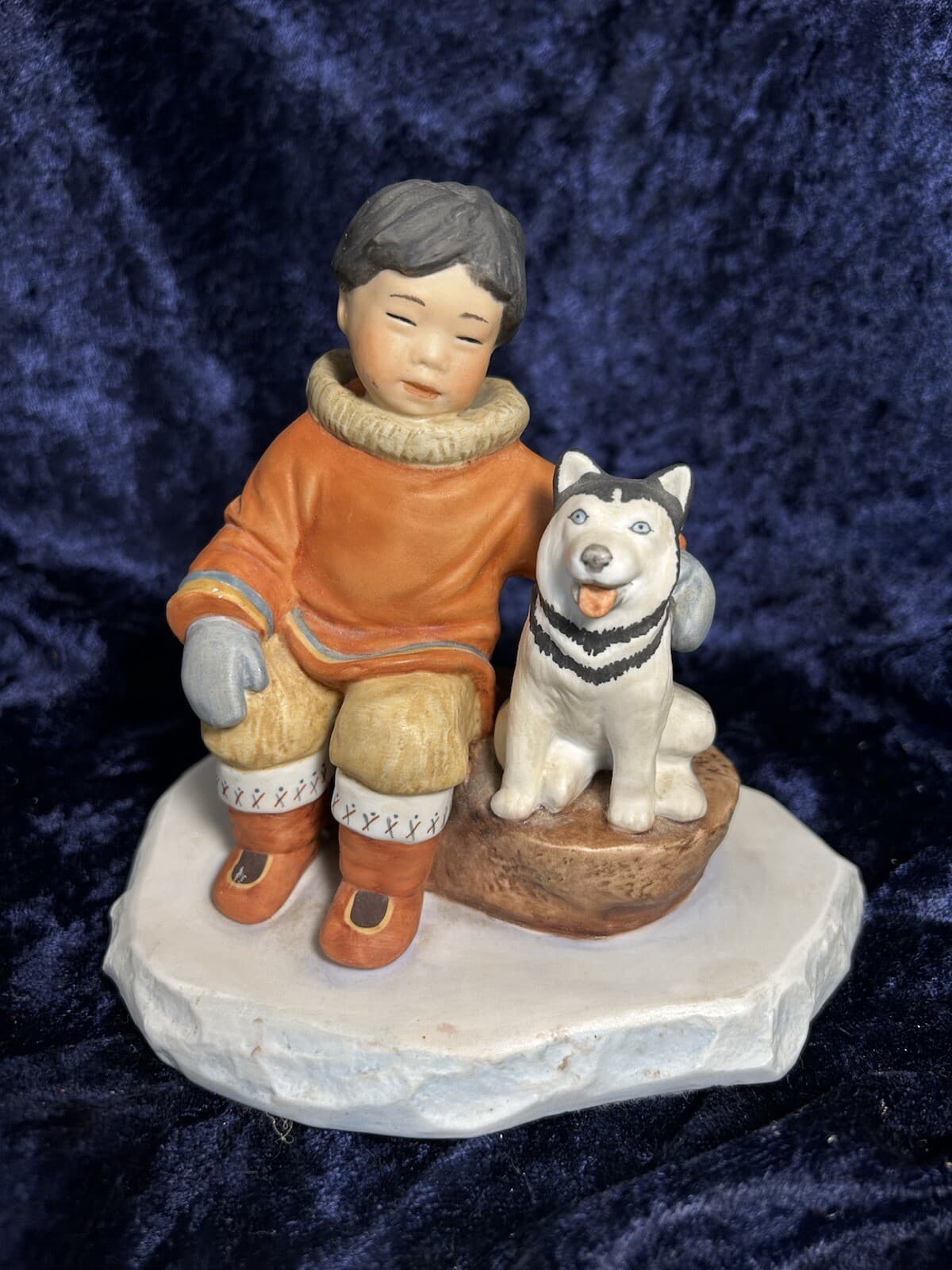 ALASKAN BOY WITH AKITA ? DOG ~ 5”x5.5” ~ Porcelain ~ Just Precious ~ VGC ~