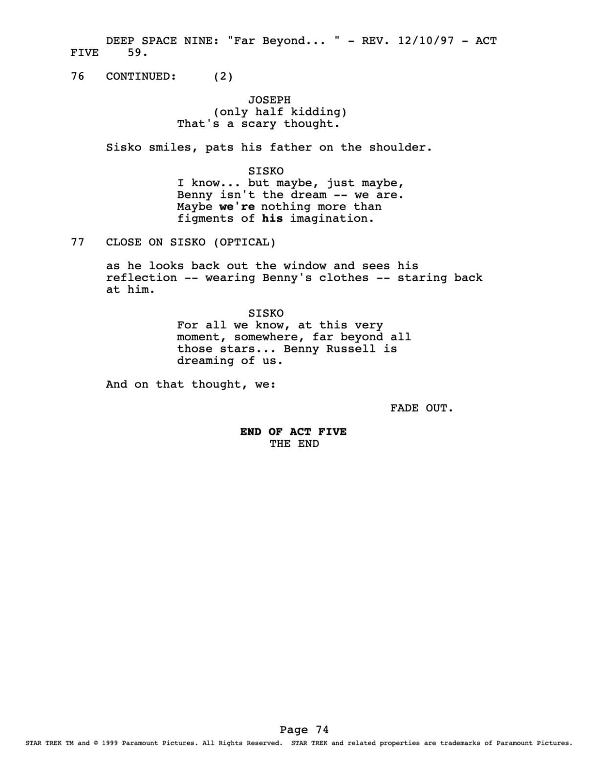 Favorite Star Trek Deep Space 9 Script "Far Beyond the Stars" 1950s - Reprint 6