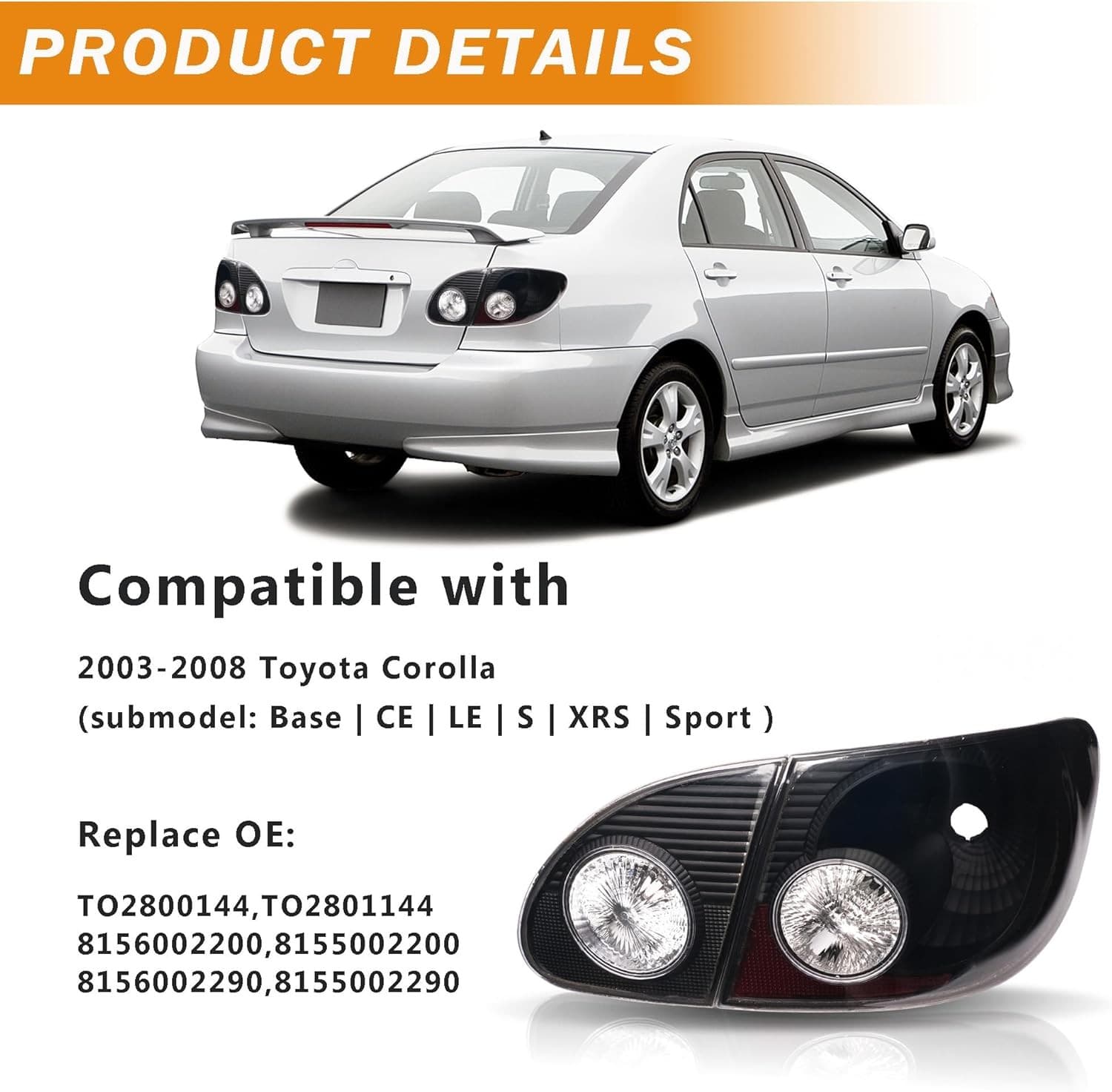 Tail Lights Assembly Compatible with 2003-2008 Toyota Corolla Inner + Outer Tail 2