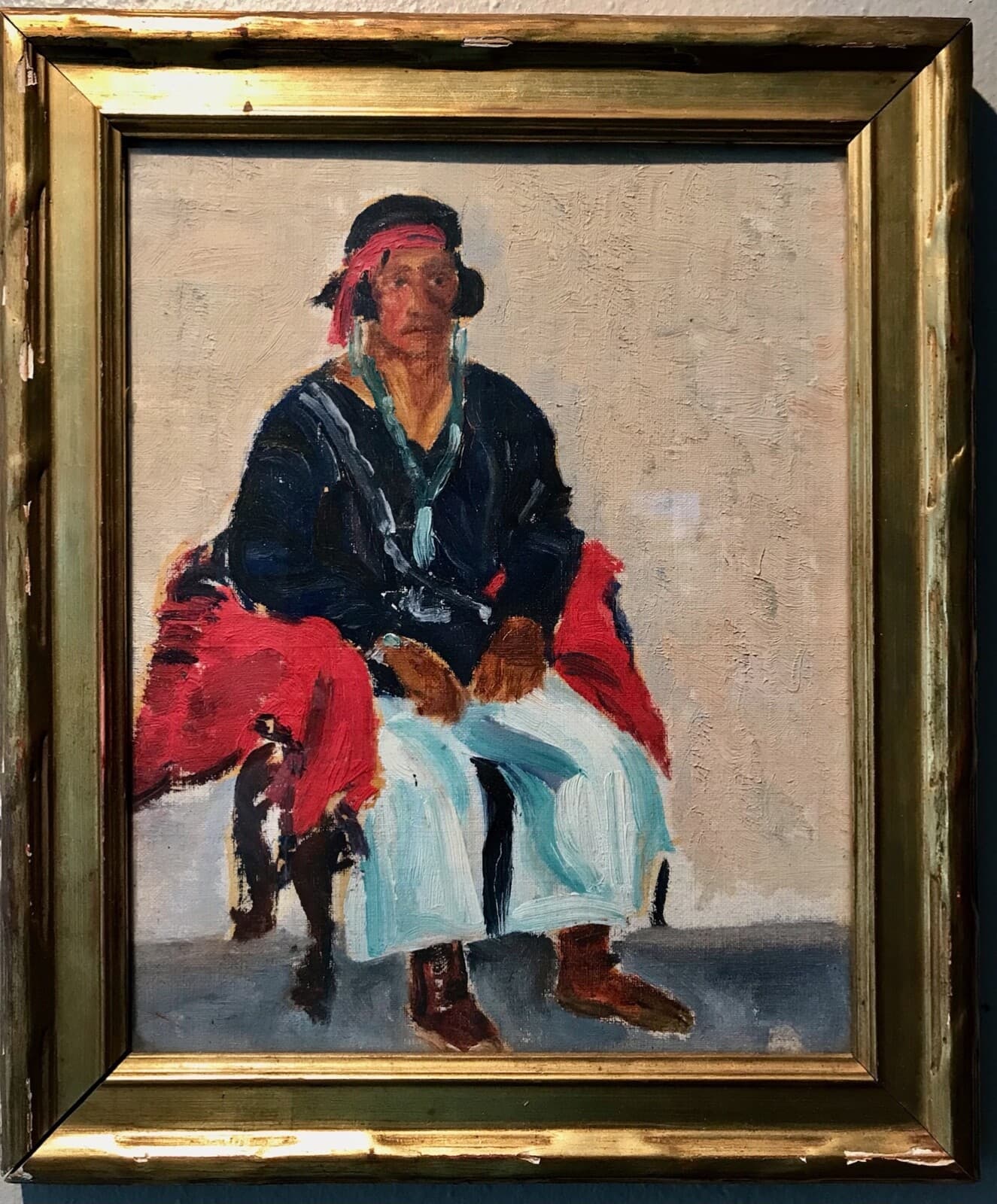Antique SEATED NAVAJO Impressionist Oil/Board Painting,Gilt Frame,Unsigned,20thC 6