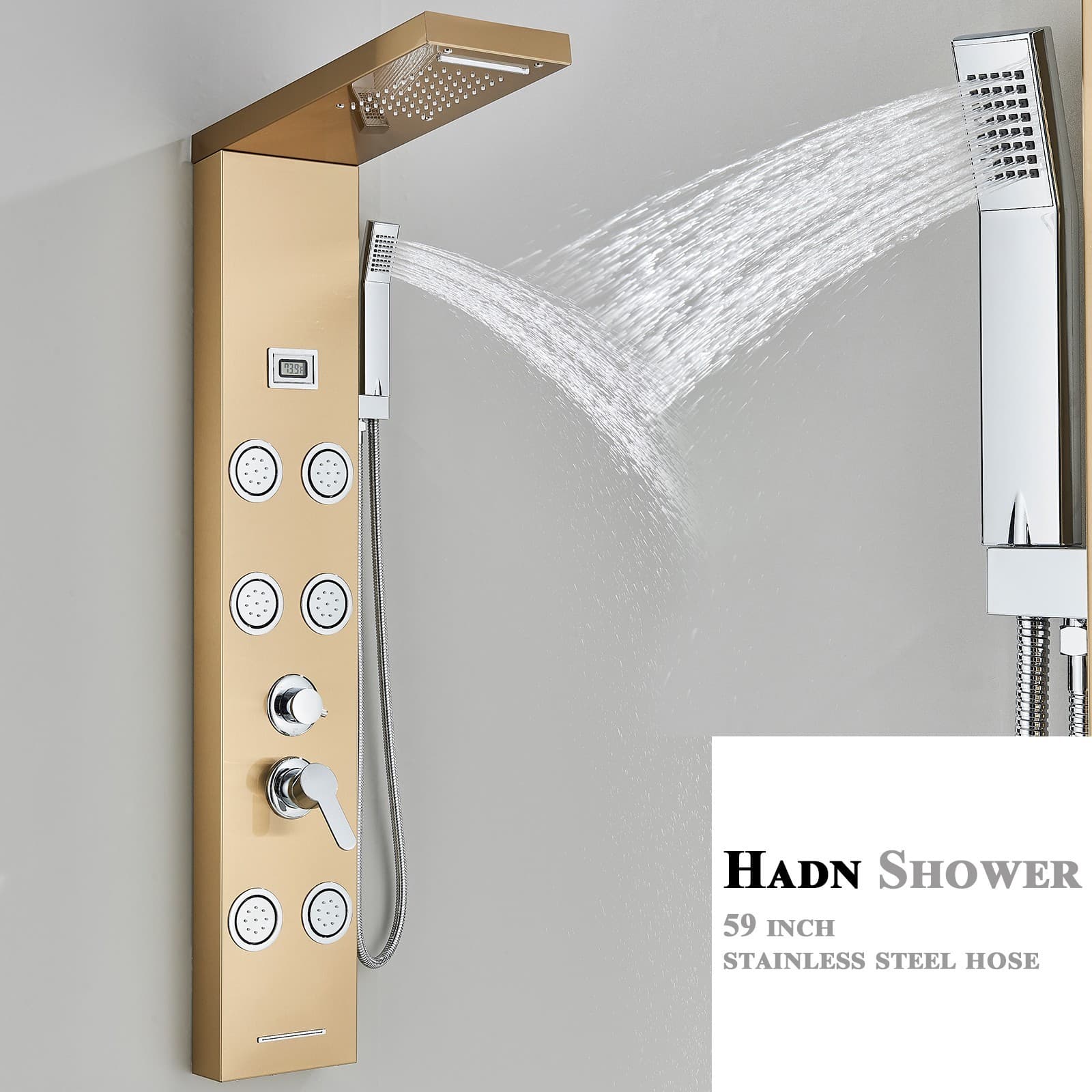 Brushed Gold Rain Waterfall Shower Panel Tower System Body Massage Jets Faucet 5