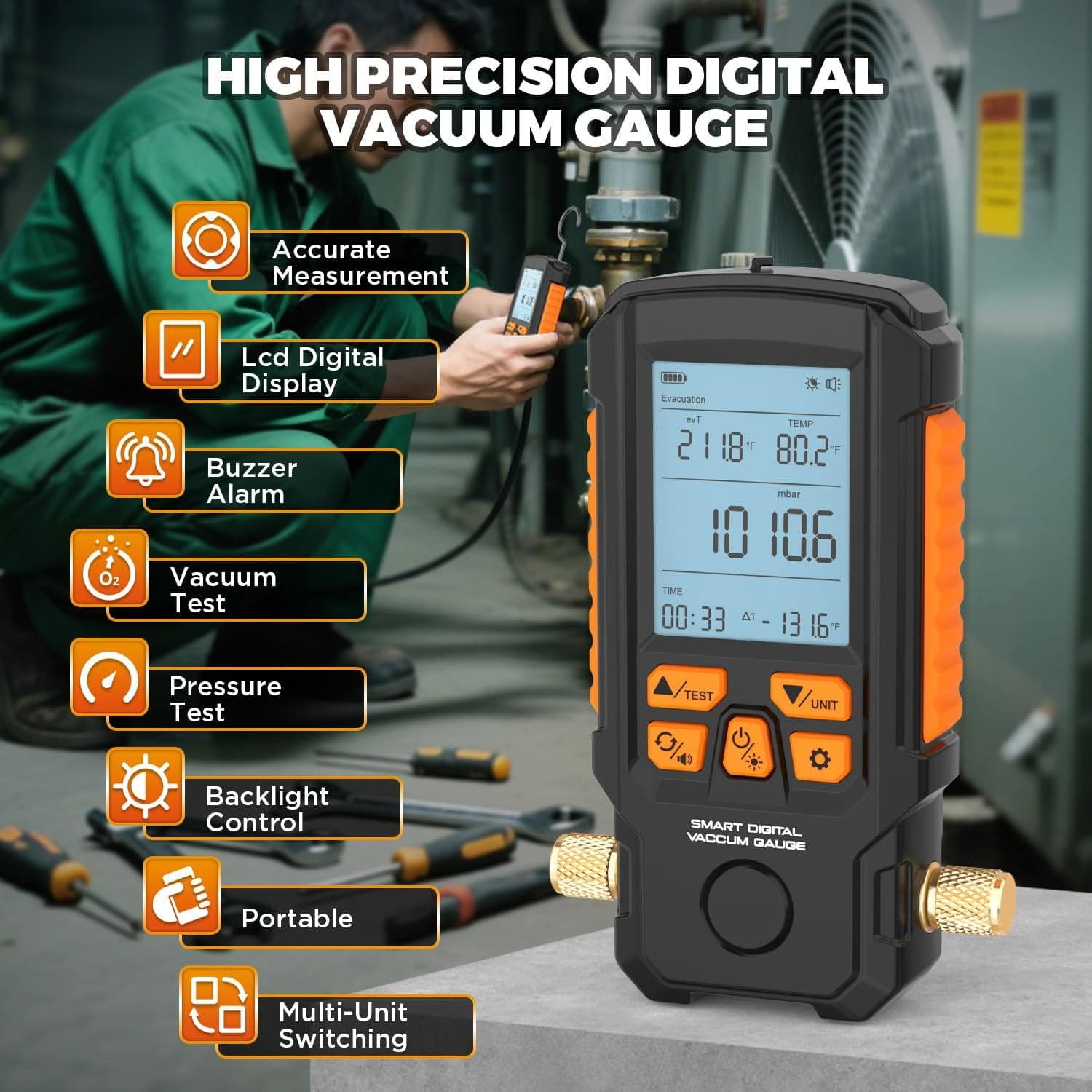 Digital Vacuum Gauge HVAC Vacuum Meter Evacuation Pressure Leak Test ±0.2% 1/4" 3