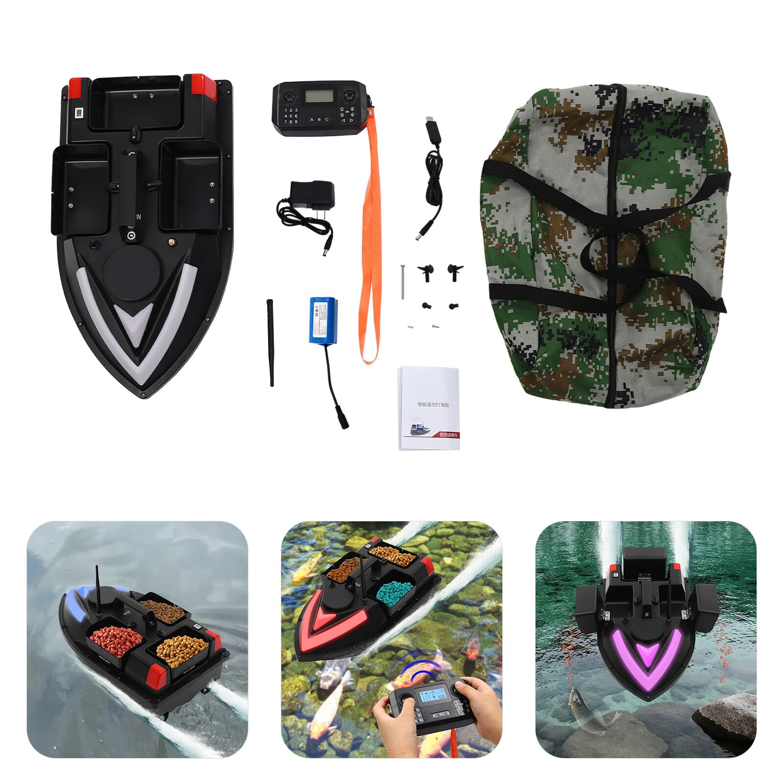 3 Bait Boxes GPS Fishing Bait Boat for Fishing w/Remote 2-3H Endurance 3.28 ft/s 2