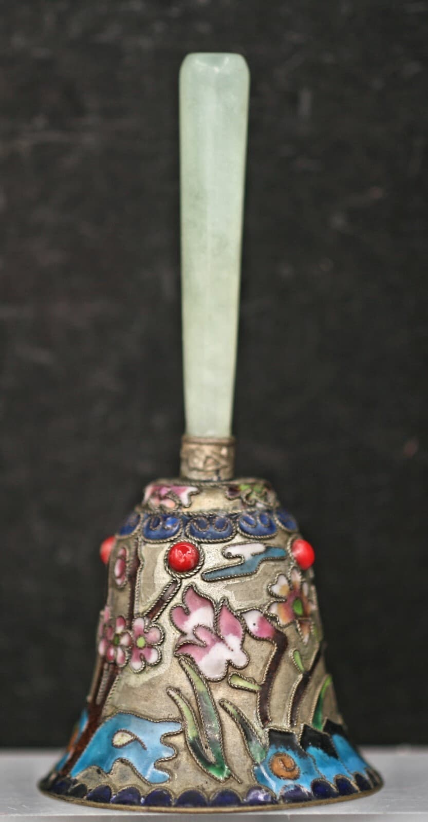 Exquisite Vintage Chinese Cloisonne Brass Bell w/Jadeite Handle 2