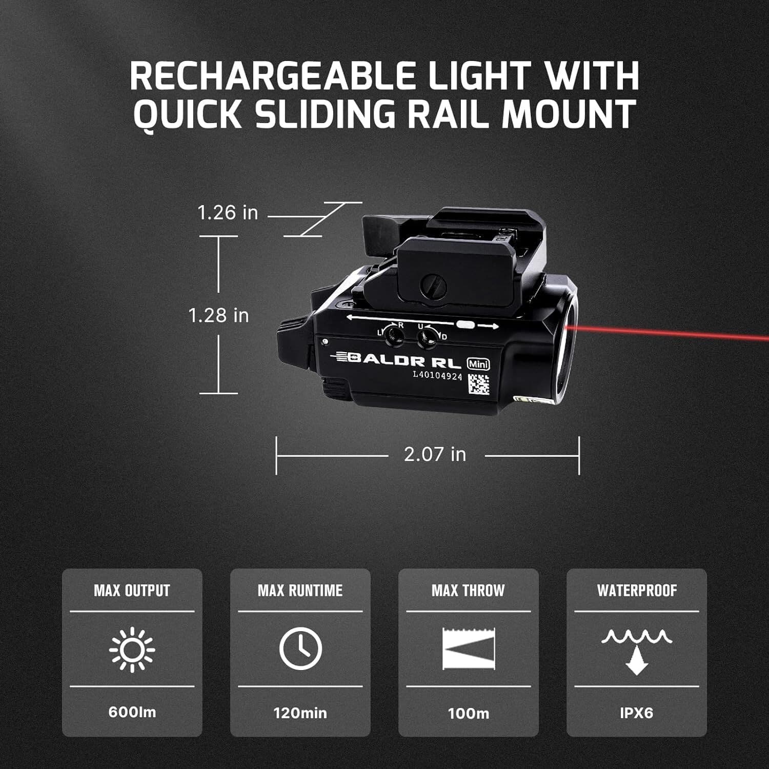 OLIGHT Baldr RL Mini 600-lumen Rail Mounted LED Tactical Light Pistol Red Laser 2