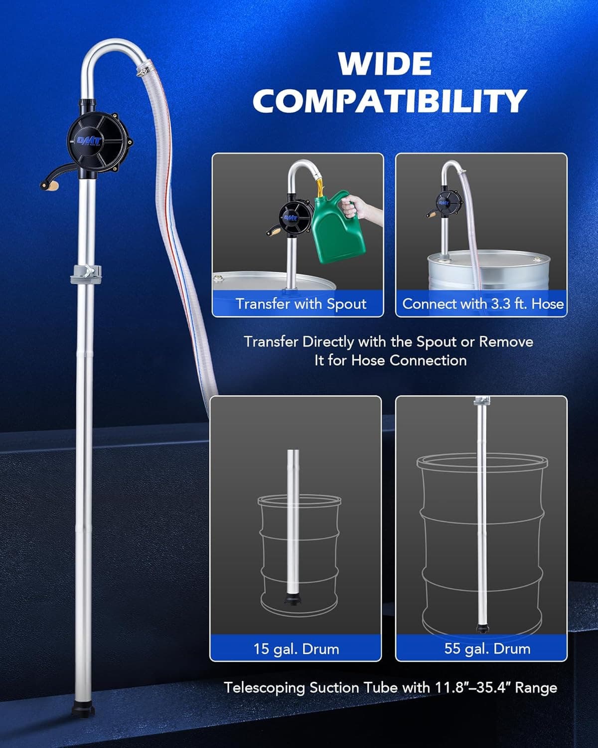 55 Gallon Drum Pump, Hand Crank Fuel Transfer Pump for 15 to 55 Gallon Drums, He 6
